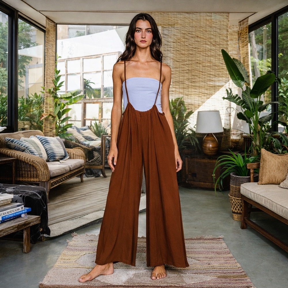 Bucketlist Honey Jumper Boho Wide Leg Knit Suspender Burnt Orange